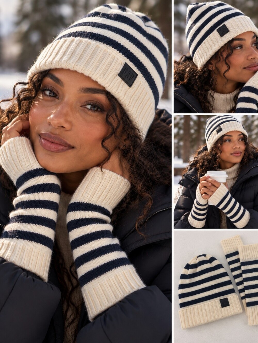 GAP Women's Cream and Navy Striped Hat & Arm Warmers